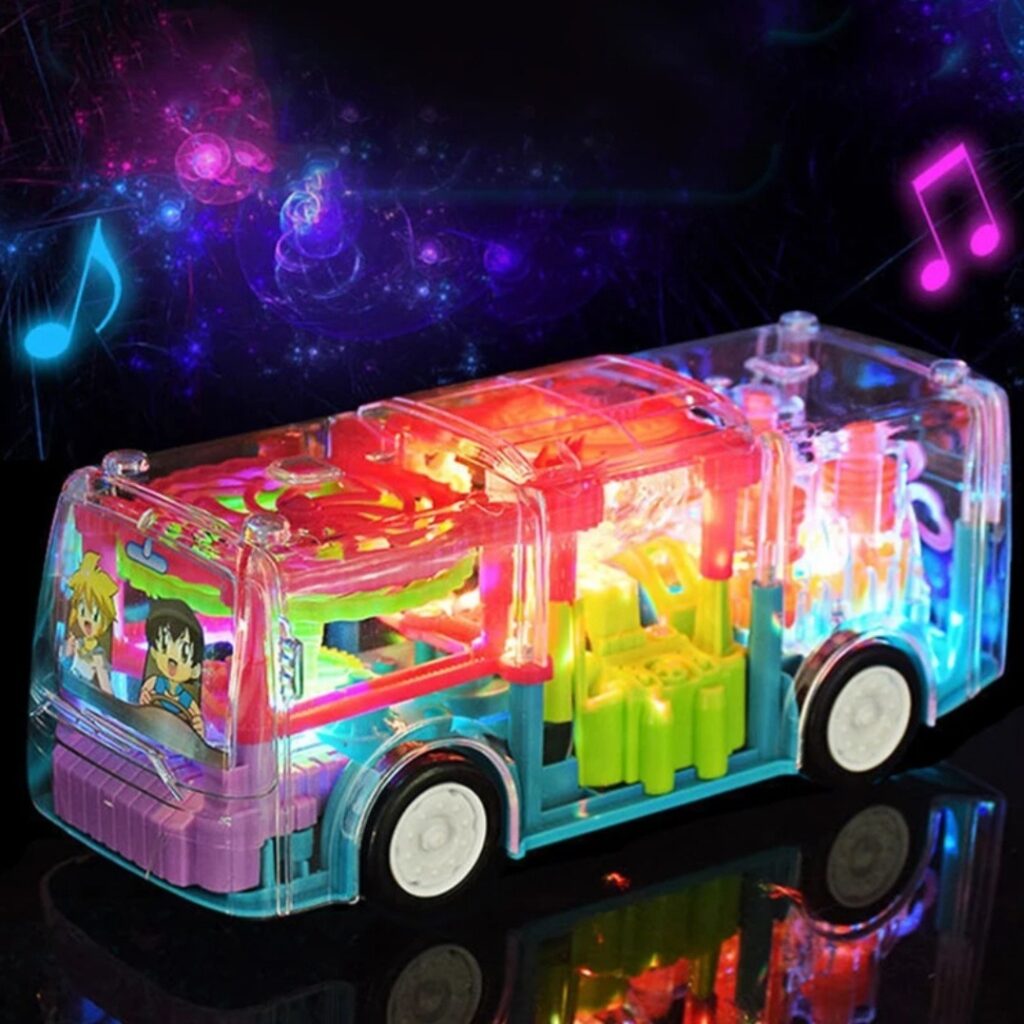 Transparent gear bus toy featuring realistic mechanical gears and colorful flashing LED lights