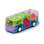 Transparent gear bus toy featuring realistic mechanical gears and colorful flashing LED lights