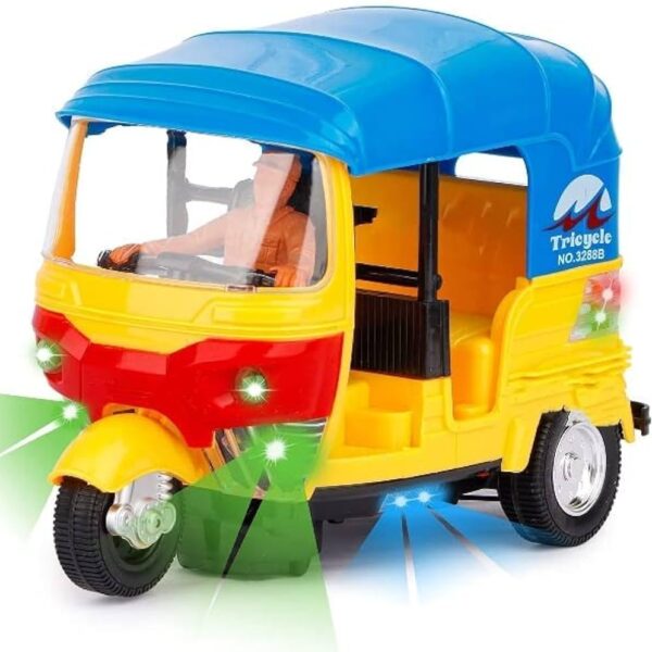 Battery operated auto rickshaw toy with LED lights and music for kids – 3-wheel tricycle design