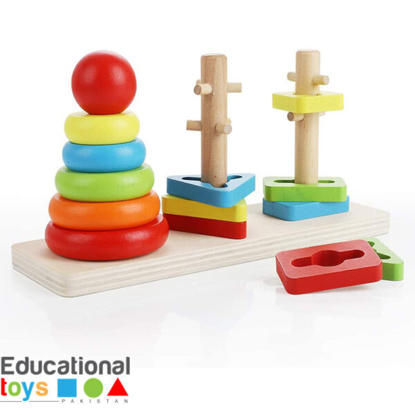 Wooden Rainbow Three Column Sorting Tower Educational Toy for Kids