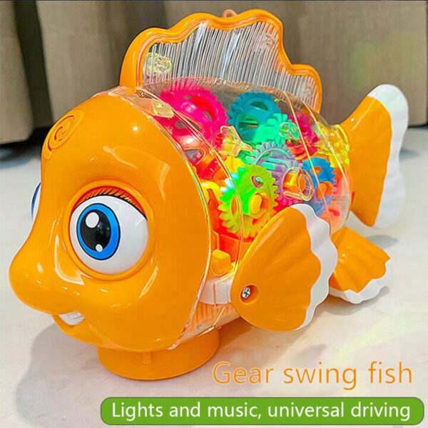 Transparent Gear Fish Toy with Lights, Sound, and Bump & Go Action for Kids