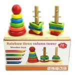 Wooden Rainbow Three Column Sorting Tower Educational Toy for Kids