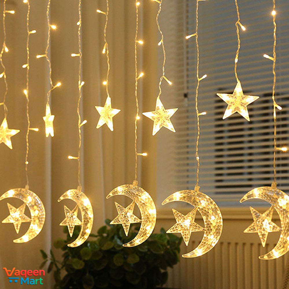 LED Moon and Star String Fairy Lights 16ft Curtain Decoration for Bedroom, Wedding, Eid, Christmas and Party