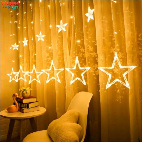 Big Star Fairy String Lights 16ft Curtain with 6 Big and 6 Small Stars, LED Decoration for Bedroom, Wedding, Party and Festival