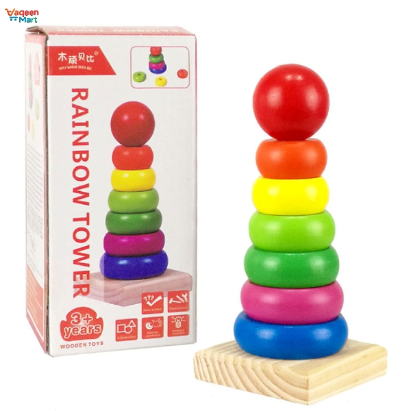 Close-up of Rainbow Tower Wooden Blocks for Stacking Fun