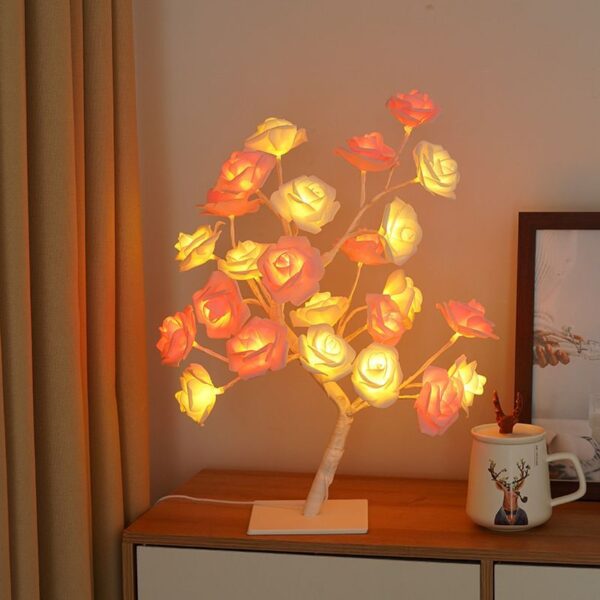 Pink and White Roses Tree Table Lamp for Home and Wedding Decoration