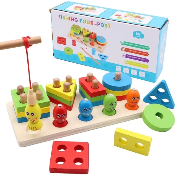 Wooden Stacking & Shape Sorting Fishing Montessori Toy Montessori Wooden Stacking & Shape Sorting Fishing Toy for Toddlers
