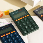 front view of Deli EM130 dual power pocket calculator with 12-digit display